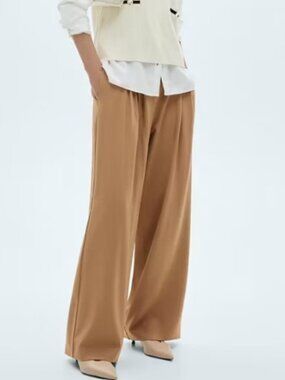 Mango Pleated Wide-Leg Trousers High Waist - Camel Brown